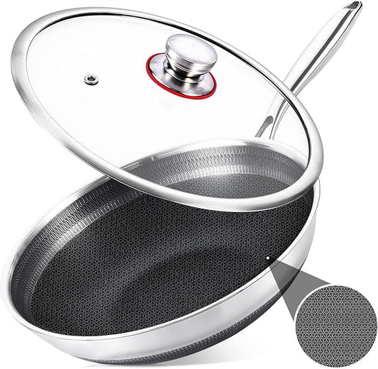 LOLYKITCH 13 Inch Hybrid Nonstick Wok with Lid, Double-Sided Honeycomb Stainless Steel Wok Pan, Long Handle, Induction Compatible, Oven & Dishwasher Safe