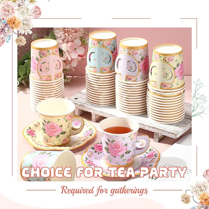 Umigy 60 Sets Spring Tea Party Decorations 6.5 oz Floral Paper Teacups & Saucer Set for Girls Women Afternoon Tea Parties Mothers Day Bridal Shower Wedding Birthday Party Decorations(Mixed Color)