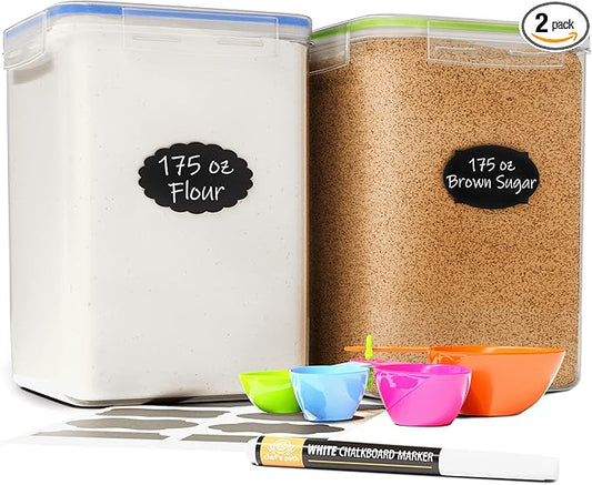 Chef's Path Large Airtight Food Storage Containers with Lids, Pack of 2, 5.2L, 175Oz, Airtight Kitchen and Pantry Bulk Canisters for Flour, Sugar, Rice, and Baking Supplies - Transparent