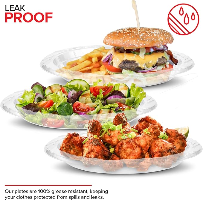 Stock Your Home 120-Count, 9 Inch Clear Plastic Plates, Flexible, Disposable Heavy Duty Party Dinner Plate, for Wedding Reception, Holiday Parties, Mains, Sides, Salad, and Dessert, Large Size
