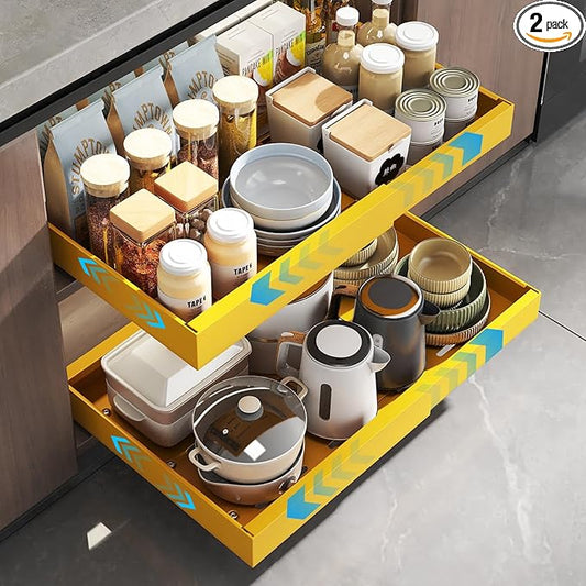 2 Pack Pull Out Cabinet Organizer, Expandable Slide Out Drawers for Kitchen Cabinets Peel and Stick Pullout Drawer Heavy Duty Sliding Shelves for Cupboard, Pantry, Bathroom(16.5" Deep, Yellow)