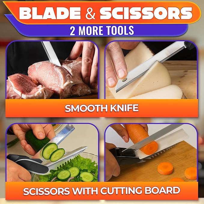 6-in-1 Cutting Board Scissors – Heavy Duty & Dishwasher-Safe Kitchen Shears with Ribbed No-Slip Blade, Spring-Assist, & Safety Lock – Meat, Fruits, Fish & Vegetable Scissors Food Cutter | Fish Scaler