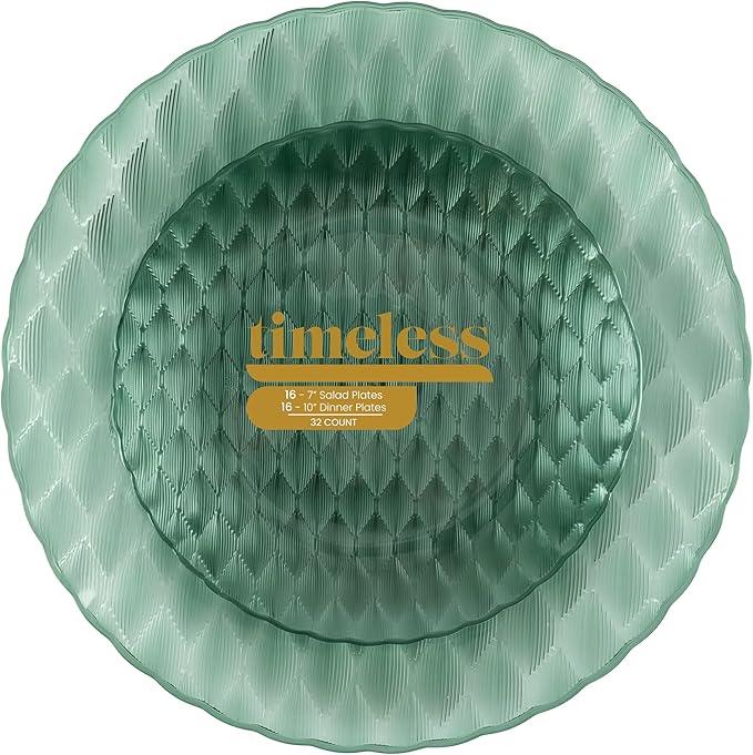 PLASTICPRO 32 Pack Plastic Dishes Set of 16-10 inch Plates and 16-7 inch Plates, Elegant Translucent Green Disposable Fancy Tableware Premium Heavyweight