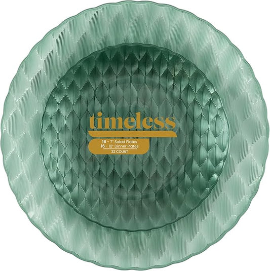 PLASTICPRO 32 Pack Plastic Dishes Set of 16-10 inch Plates and 16-7 inch Plates, Elegant Translucent Green Disposable Fancy Tableware Premium Heavyweight