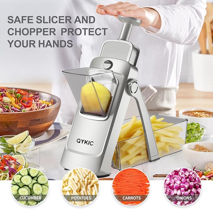 Safe Mandoline Food Slicer for Kitchen, Multifunctional Vegetable Chopper, Mandoline Potato Slicer with 35+ Presets & Thickness Adjuster, French Fry Cutter, Veggie Dicer for Meal Prep (4V SliverGray)
