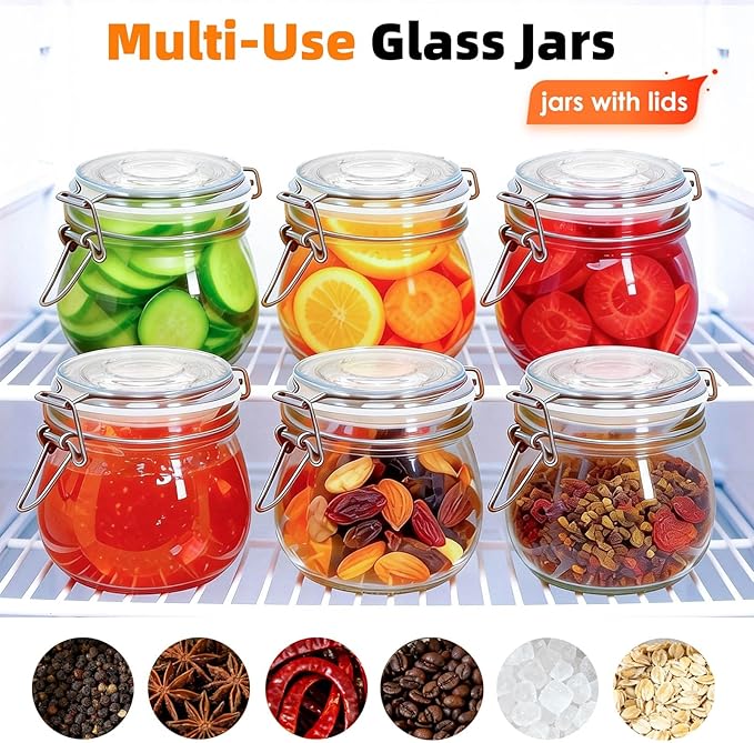 SKOCHE 17oz Glass Jars with Airtight Lids 6 Pack, Air Tight Glass Storage Jar, Leakproof 17 oz Jars with Seal Wire Clips for Pickling, Kitchen, Canning Jam, Food Storage, Preserving Nuts and Snacks