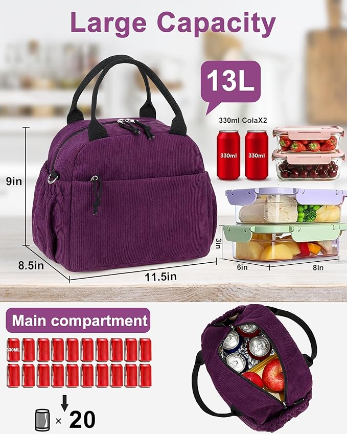 Bluboon Lunch Bag for Women Cute Corduroy Lunch Tote Bags with Shoulder Strap Reusable Insulated Lunch Box Large Capacity Reusable Insulated Cooler for Work Picnic or Travel (13L)