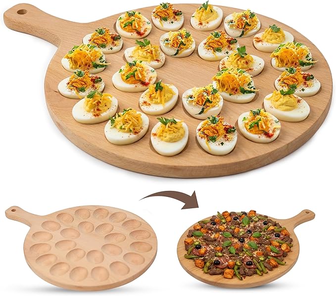 Namre' Deviled Egg Tray for 24 Eggs – Wooden Deviled Egg Plate & Holder with Handle, Reversible Pizza Peel & Serving Tray, Easter Deviled Egg Platter