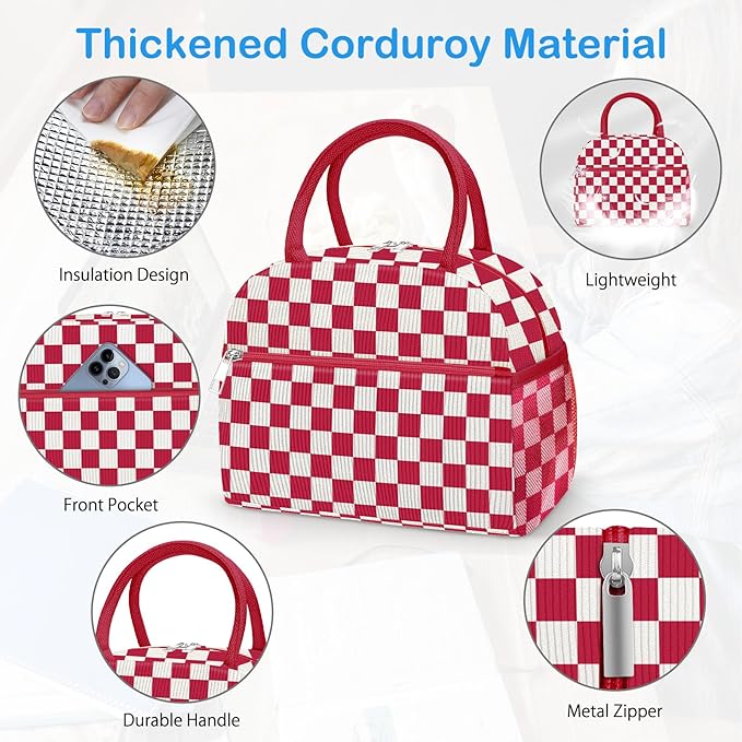 DALINDA Corduroy Lunch Box for Women,Insulated Lunch Bag Cute Cooler Tote Bag,Reusable 11L Large Capacity for Work Camping Picnic