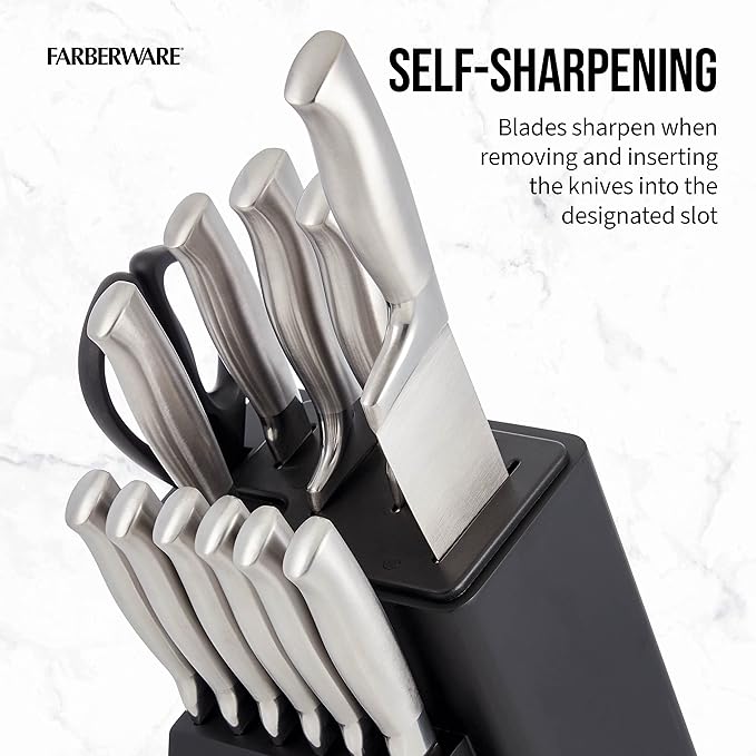 Farberware Self-Sharpening 13-Piece Knife Block Set with EdgeKeeper Technology, High Carbon-Stainless Steel Kitchen Knives, Razor-Sharp Knife Set with Wood Block, Black