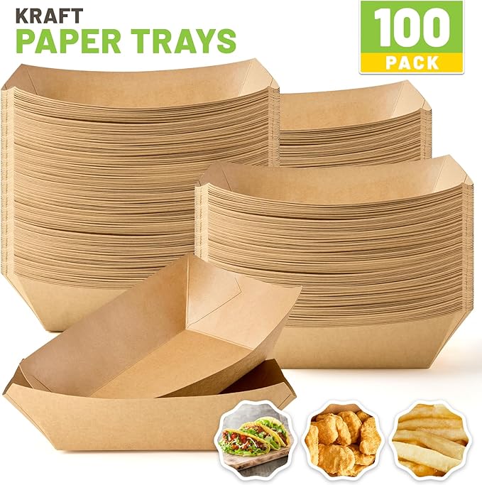 4 LB Large Paper Food Trays, 100 Pack Disposable Nacho Trays Kraft Paper Food Boats Party Serving Baskets for Nachos Sandwiches Burgers Popcorns Salads Snacks