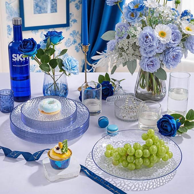 Rubtlamp 60Pcs Blue Easter Plastic Plates, Clear Disposable Plates With Blue Rim, Heavy Duty Party Plates, Hammered Fancy Plates Include 30 Dinner Plates, 30 Dessert Plates For St Patricks Day