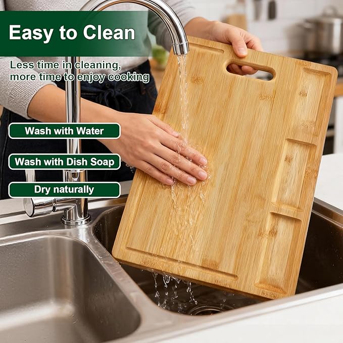 Bamboo Cutting Boards for Kitchen with 3 Compartments & Juice Grooves, Double-Sided Chopping Board with Handle, Kitchen Gifts, Wood Cutting Boards for Meats Vegetable Fruits (15.2x10.5x0.6'')