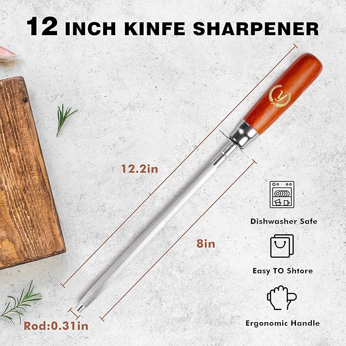 Knife Sharpener Rod, Kitchen Knives Sharpener Carbon Steel Professional Knife Sharpening Steel, Honing Rod with Hanging Holes (13 inches), Y