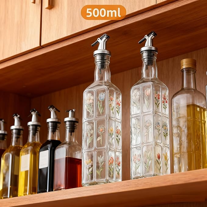 Glass Olive Oil Bottle Dispenser with Stainless Steel Nozzle Plug, 500ml Flowers Bouquet Embossed Square Oil and Vinegar Cruet, Decorative Oil Dispensers Carafe Decanter for Kitchen, 16.9 oz(Colorful)