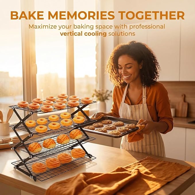 Collapsible Cooling Rack with Adjustable 3 Setting, Wire Cooling Roasting Cooking Baking Drying Rack for Cookies Bread (3-Tier)