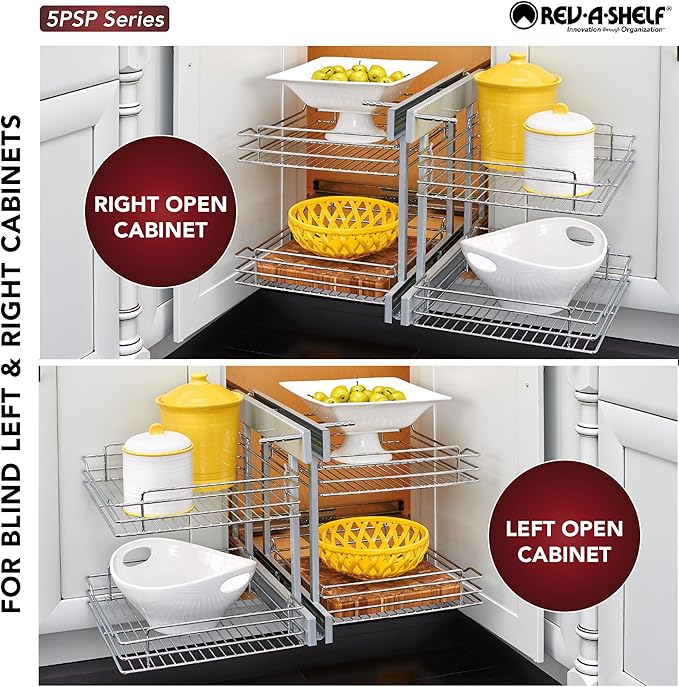 Rev-A-Shelf Chrome Two-Tier Wire Bottom Optimizer for 18" Blind Corner Cabinet Openings, Storage Organizer with 4 Shelves, 5PSP-18-CR