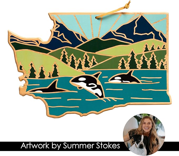 Totally Bamboo Washington State Shaped Cutting Board and Charcuterie Serving Platter with Artwork by Summer Stokes, Includes Hang Tie for Wall Display Varies