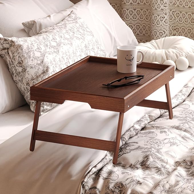 2 Pack Bamboo Bed Tray Table with Folding Legs,Breakfast Trays,Serving Tray for Food and Snack,Laptop Trays for Working(Brown)