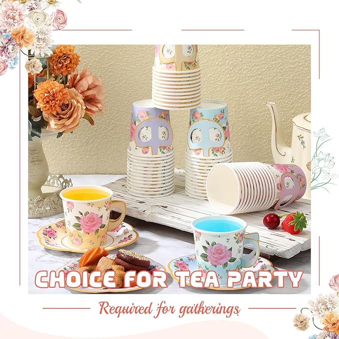 Umigy 60 Sets Spring Tea Party Decorations 6.5 oz Floral Paper Teacups & Saucer Set for Girls Women Afternoon Tea Parties Mothers Day Bridal Shower Wedding Birthday Party Decorations(Gradient Color)