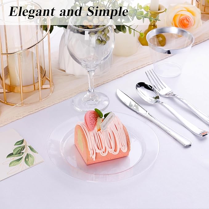 100PCS Clear Plastic Dessert Plates 7inch, Premium Hard Disposable Plates for Party, Wedding
