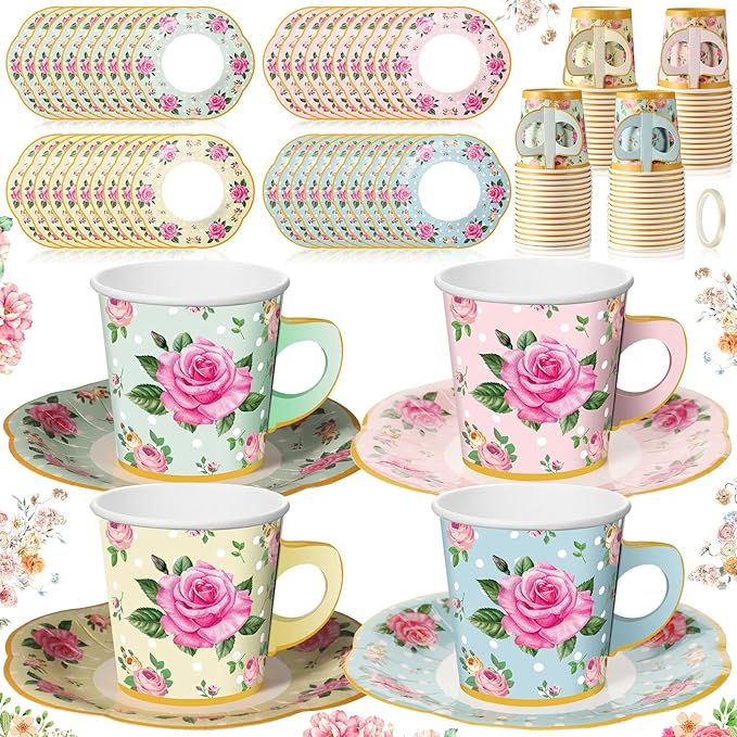 Umigy 60 Sets Spring Tea Party Decorations 6.5 oz Floral Paper Teacups & Saucer Set for Girls Women Afternoon Tea Parties Mothers Day Bridal Shower Wedding Birthday Party Decorations(Multicolor)