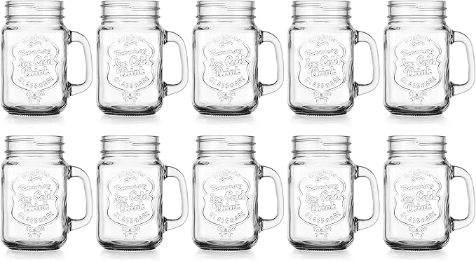 Glaver's Set of 10 Ice Cold 16 Oz. Mason Drinking Glasses With Handles. Quality Refreshing Ice Cold Embossed Logo Jars for Beverages, Cocktails, Shakes, Smoothies, Sodas, Juice.