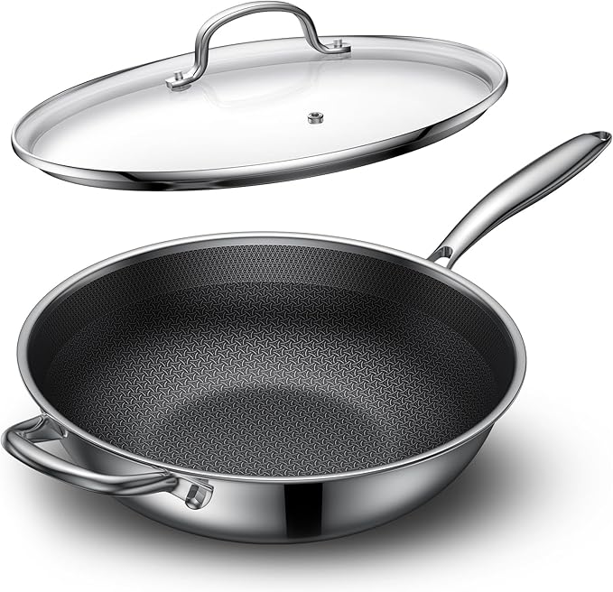 Hybrid Nonstick Wok, 12.5-Inch Stainless Steel Wok with Lid, Laser-Textured Wok Pan, PFOA-Free Woks & Stir-Fry Pans, Oven & Dishwasher safe, Induction Ready, Compatible for Gas Electric Glass Cooktops