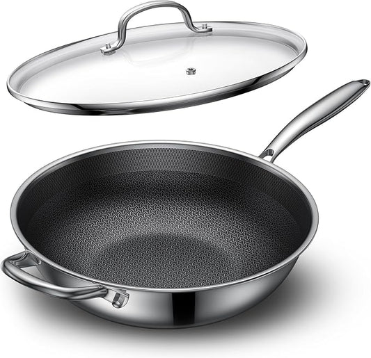 Hybrid Nonstick Wok, 12.5-Inch Stainless Steel Wok with Lid, Laser-Textured Wok Pan, PFOA-Free Woks & Stir-Fry Pans, Oven & Dishwasher safe, Induction Ready, Compatible for Gas Electric Glass Cooktops