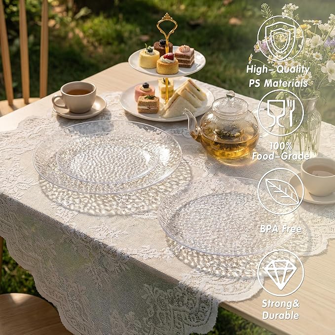 Rubtlamp 60Pcs Plastic Plates, Clear Disposable Plates, Hammered Heavy Duty Plastic Platos, Fancy Disposable Platos Include 30 Clear Dinner Plate, 30 Salad Plate For Bridal Spring