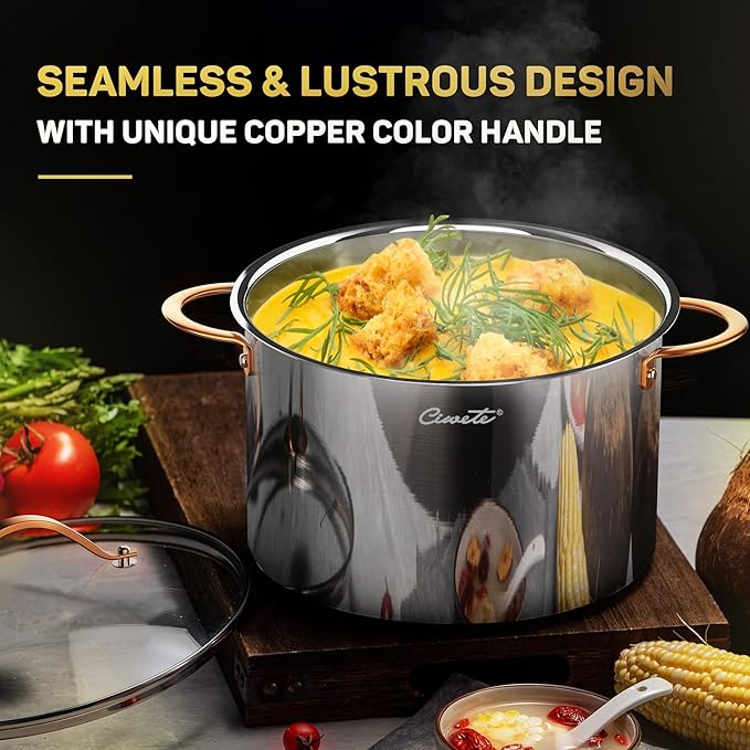 Stock Pot 12 Quart, 18/10 Tri-Ply Stainless Steel Whole Clad Stock Pot with Lid, Seamless 12 QT Cooking Pot with Copper Handle, Healthy Stockpots, Induction, Gas, Oven and Dishwasher Safe