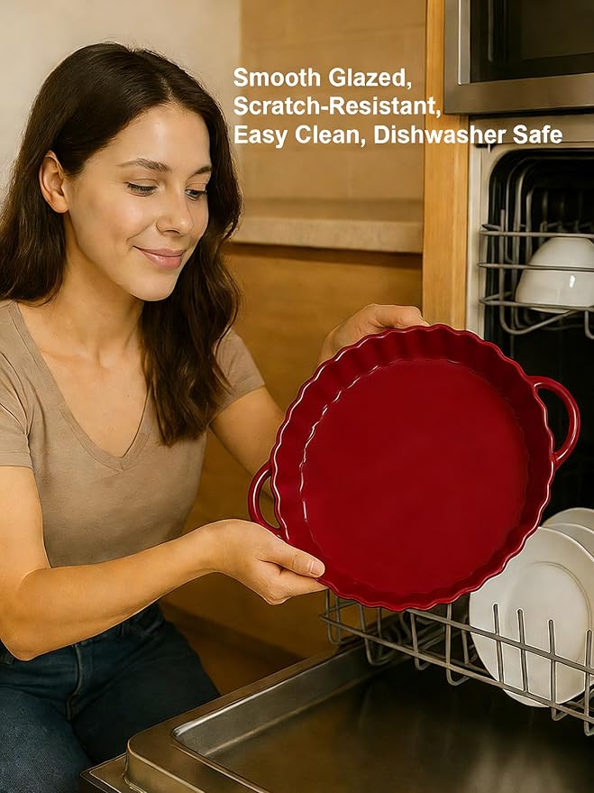 10×2in Deep Ceramic Pie Pan with Handles for Pie Quiche Tart Baking. Easy to grip, Lead-Free. Casserole Lasagna Dish for Thanksgiving Christmas Gift. Oven Microwave Dishwasher Safe. Red