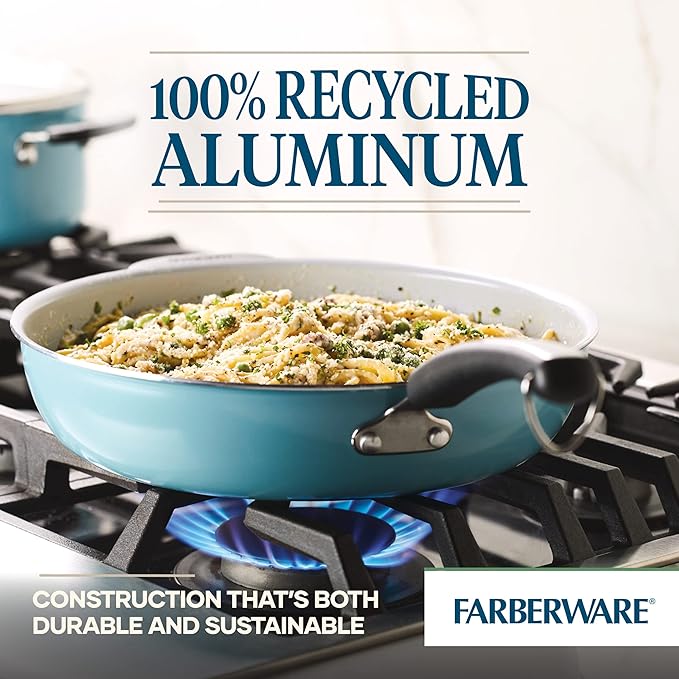 Farberware EcoAdvantage Ceramic Nonstick Deep Frying Pan/Skillet with Helper Handle, 12.5 Inch, Aqua