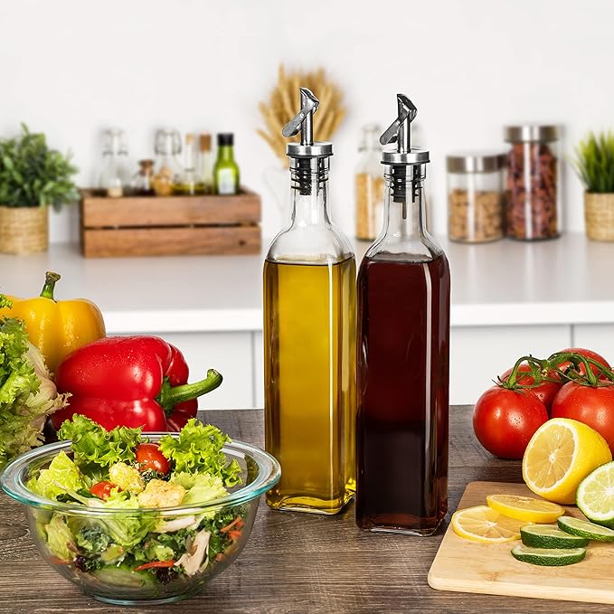 GREENOLIVE Replacement Oil Dispenser Spout for .6” Bottle Opening - Pourer Dimensions 3.25”H x 1.25”L x 1.25”W - Stainless Steel Automatic Closure Keeps Oil Fresh (Set of 2)