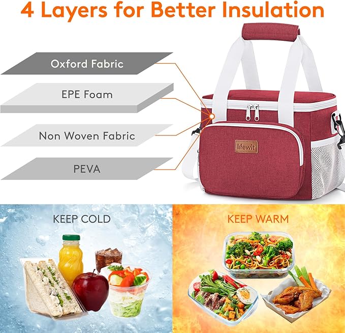 Lifewit Medium Lunch Bag Insulated Lunch Box Soft Cooler Cooling Tote for Adult Men Women, White and Red12-Can (9L)