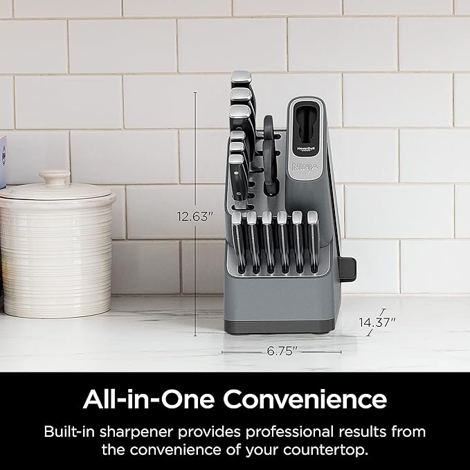 Ninja Knife Set, Knife Sharpener, Knife Block Set, Stainless Steel Knives, 14 Piece Set, Steak Knives, Chef Knives and More, Foodi NeverDull, Black, K32014