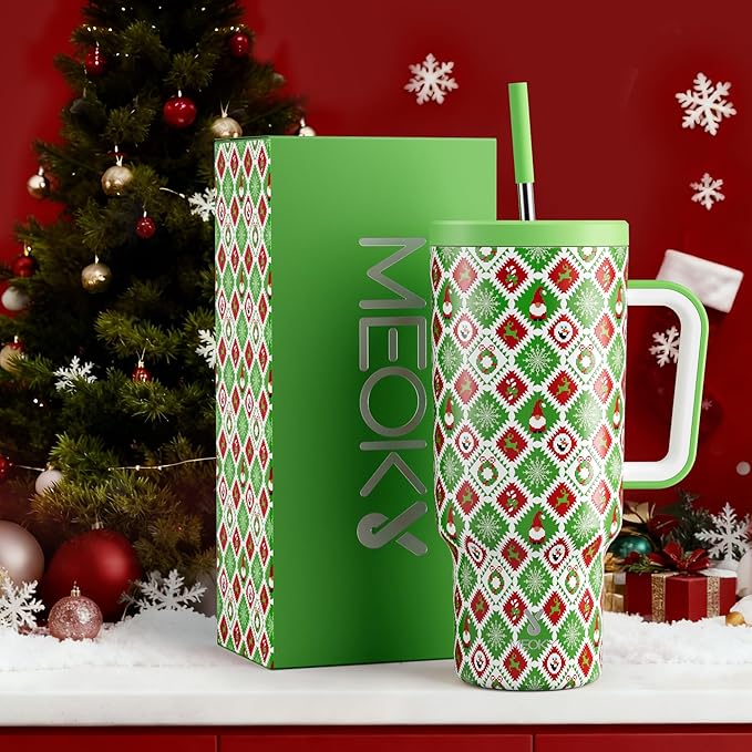 Meoky 40 oz Christmas Tumbler with Handle and Straw, Xmas Tumbler with Lid and Straw, Insulated Stainless Steel Travel Mug, Christmas Gifts for Women Men Adults (Snowy Santa)