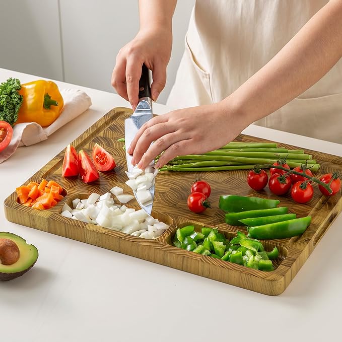 Teak Wood Cutting Boards for Kitchen, Large Charcuterie Board with Handle, 1" Thick Butcher Block, End Grain Cutting Board, Reversible Wooden Chopping Board for Meal Prep & Serving, 17"×13"