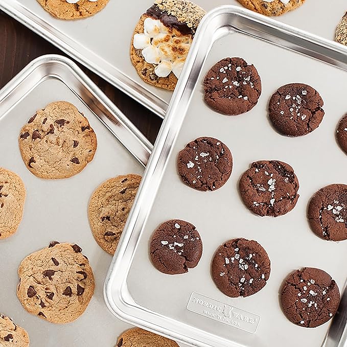 Nordic Ware Naturals 3-Piece Baking Sheet Pan Set, USA Made Aluminum Pans for Baking, Roasting, Cookies, Sheet Cakes, Half Jelly Roll & Quarter Sheet, Warp-Resistant (Pack of 3)