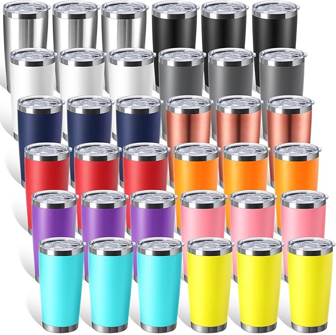 Sieral 36 Pack Stainless Steel Tumblers Bulk with Lids Double Wall Vacuum Insulated Coffee Cups Blank leakproof Powder Coated Tumblers for Engraving Wedding Graduation Party Favors(20 oz,Mixed)