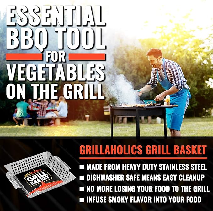 Grillaholics Grill Basket for Outdoor Grill - Durable Premium Stainless Steel Vegetable Grill Basket - XL Family Size BBQ Grill Basket - Perfect Grilling Accessories for Veggies, Fish, Shrimp & Kebabs