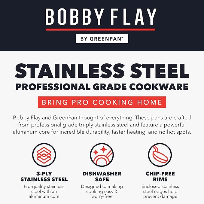 GreenPan x Bobby Flay Stainless Steel 3.75QT Saucepan and 12” Frying Pan Skillet with Glass Lids, Professional Grade Tri Ply, Induction Suitable, Dishwasher & Oven Safe, Stay Cool Silicone Handle