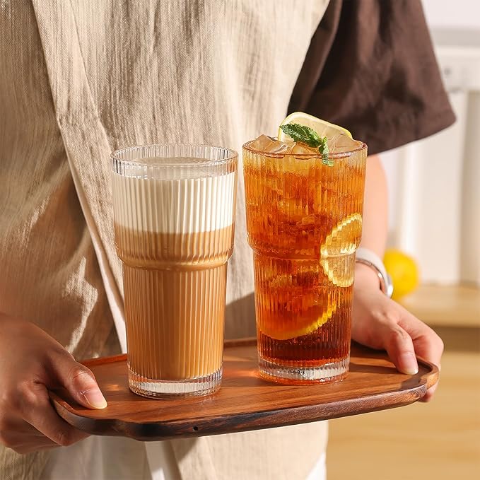 Ribbed Drinking Glasses with Lids & Straws, Leak-Proof 20oz and 15oz Glass Cups, 4PCS Glass Tumblers, Ideal for Home, Office, Outdoor Use