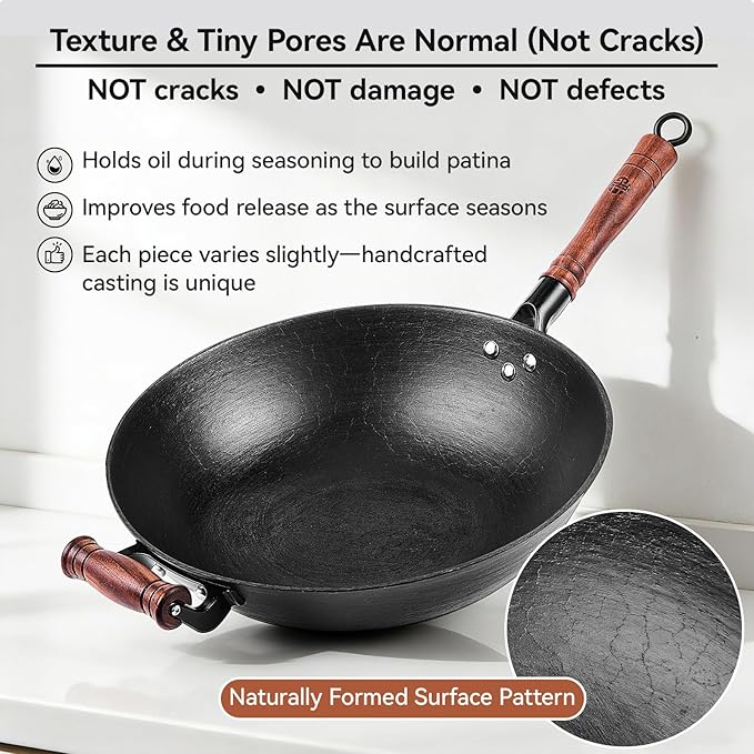 WANGYUANJI 14.2 Inch Cast Iron Wok with Wooden Lid & Handle, Flat Bottom Stir Fry Wok Pan, Turtle-Pattern Textured Uncoated Large Wok Skillet for Induction, Gas & Electric (Seasoning Required)
