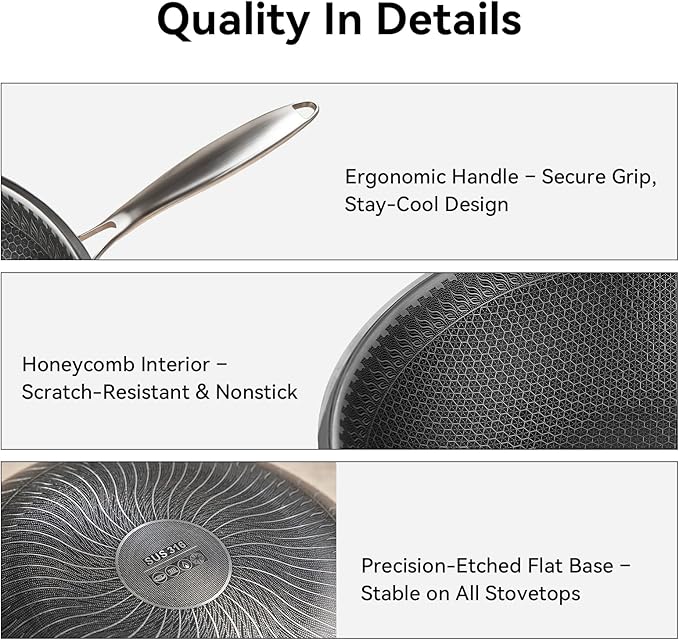 WANGYUANJI Honeycomb Stainless Steel Wok Pan with Lid, 12.6 Inch Hybrid Nonstick Stir Fry Pan Flat Bottom, PFOA-Free, Induction Compatible, Dishwasher Safe, No Seasoning Needed (Serves 3-4)