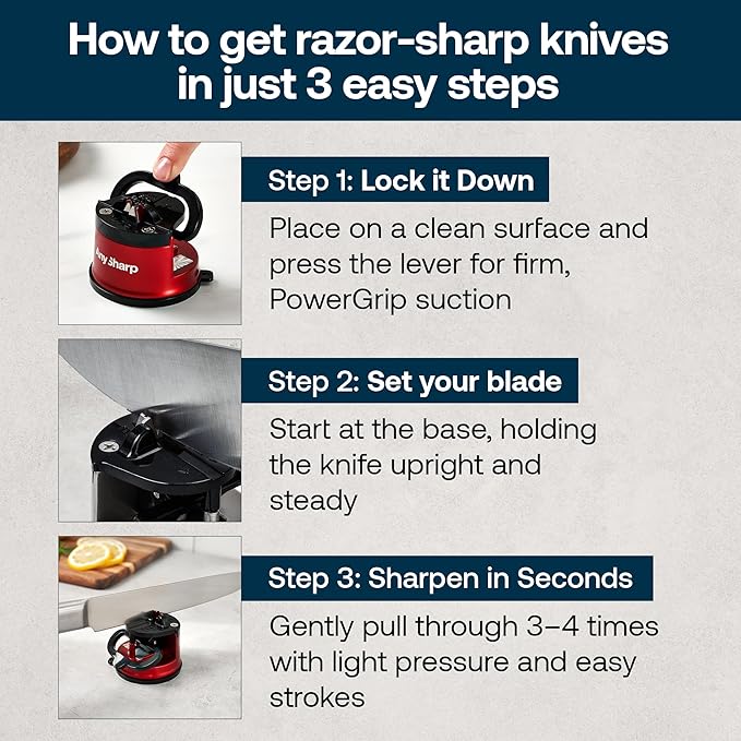 AnySharp – Pro – Hands Free Knife Sharpener - Easy to Use Sharpening Tool with PowerGrip Suction Base and 20-Degree Pre-Set Angle - for All Knives: Chef's, Serrated, and Hardened Steel - Matte Red