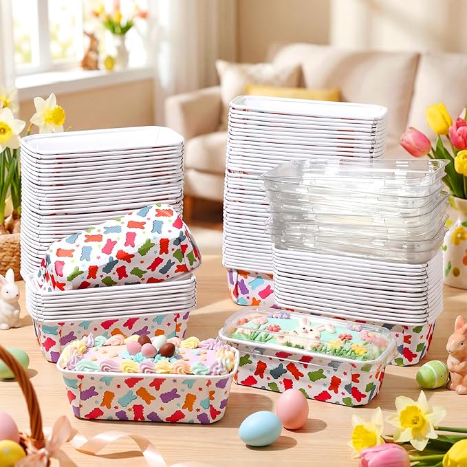 LemonRoad 100 Pcs Easter Bunny Mini Loaf Pans with Lids 6.3 x 2.2 x 2.2 Inch Disposable Paper Baking Pans Bulk, Easter Baby Shower Baking Party Supplies for Cake Bread Oven Bakery