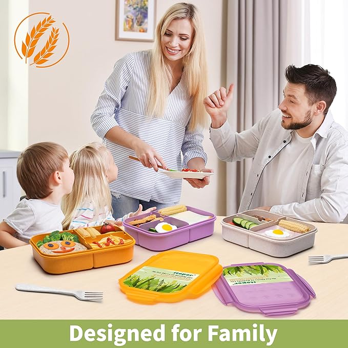 Wheat Straw Lunch Box, Leakproof 3-Compartment Bento Box for Kids & Adults, BPA-Free, Microwave & Dishwasher Safe, 5.5 Cup/1400 ml, Blue