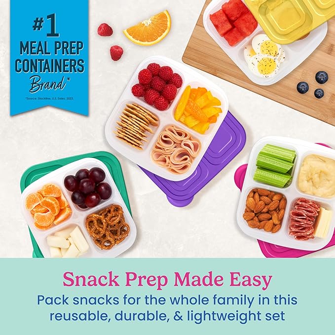 Bentgo Easyboxes 4-Compartment Snack Containers - 8-Piece Set with 4 Trays & 4 Custom-Fit Lids to Seal in Freshness - Reusable Food Storage & Meal Prep Bento BPA-Free Containers (Brights)