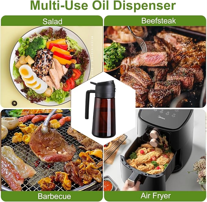 2 in 1 Oil Sprayer for Cooking, 16oz Olive Oil Dispenser Bottle for Kitchen, Food Grade Light-Blocking Leak Proof Glass Spray Bottle for Salad, Air Fryer, BBQ